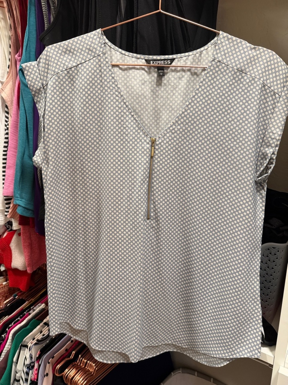 Express Light Blue Dot Zip-Front Blouse